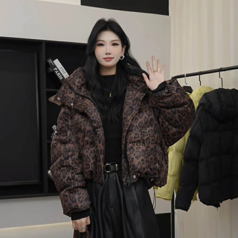 豹纹短款面包羽绒服女韩版时尚连帽气质风加厚宽松外套