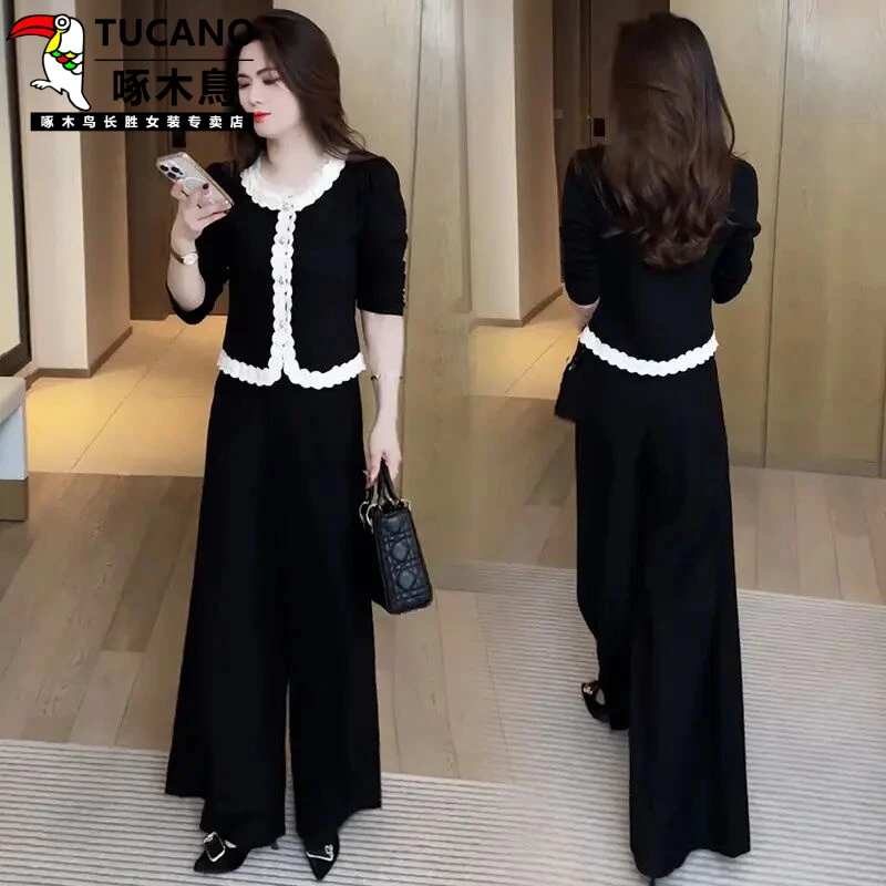 啄木鸟时尚洋气套装女2025春季新款小香风蕾丝拼接T恤阔腿裤显瘦