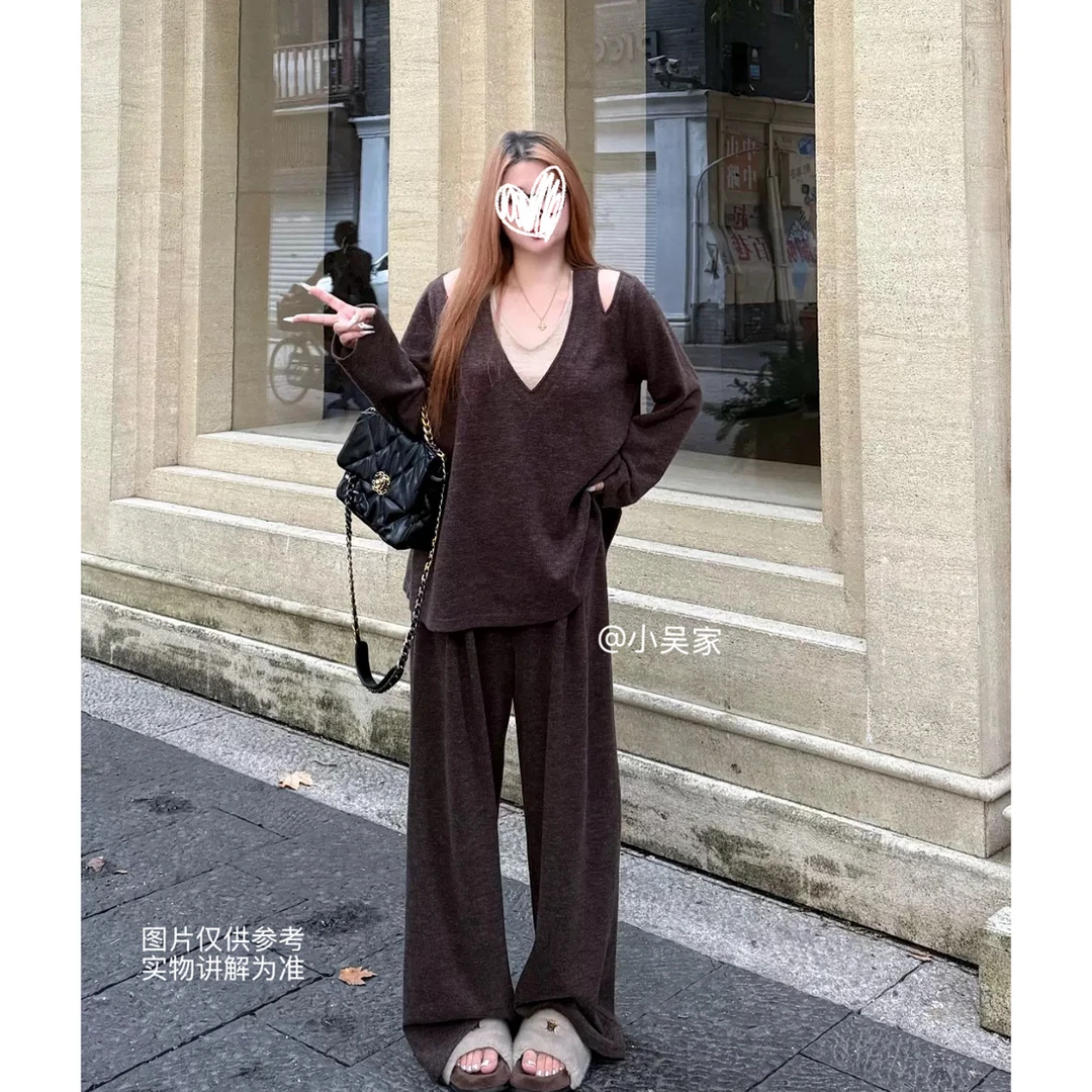 「小吴家」早秋微胖mm巨显瘦V领拼接上衣裤子套装两件套