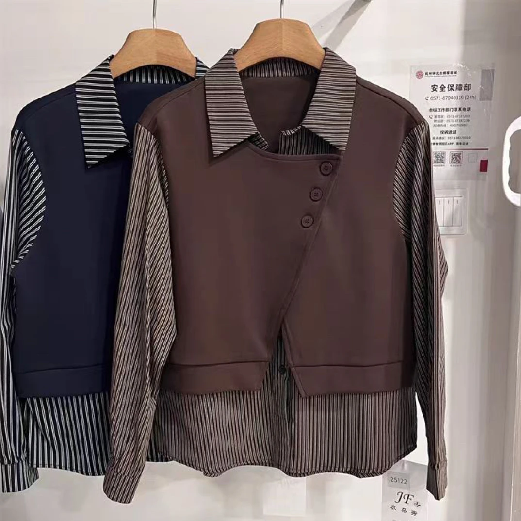 秋季新款毛衬衫条纹假两件拼接长袖设计感宽松显瘦