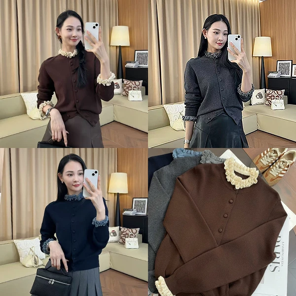 “千金玛齐朵”百搭撞色木耳边花边纽扣羊毛针织衫开衫毛衣251428#