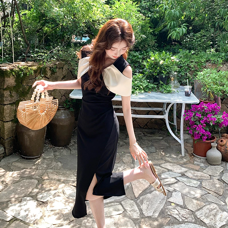 法式通勤女神范时尚拼色黑色收腰显瘦露肩高级感连衣裙长裙女夏季