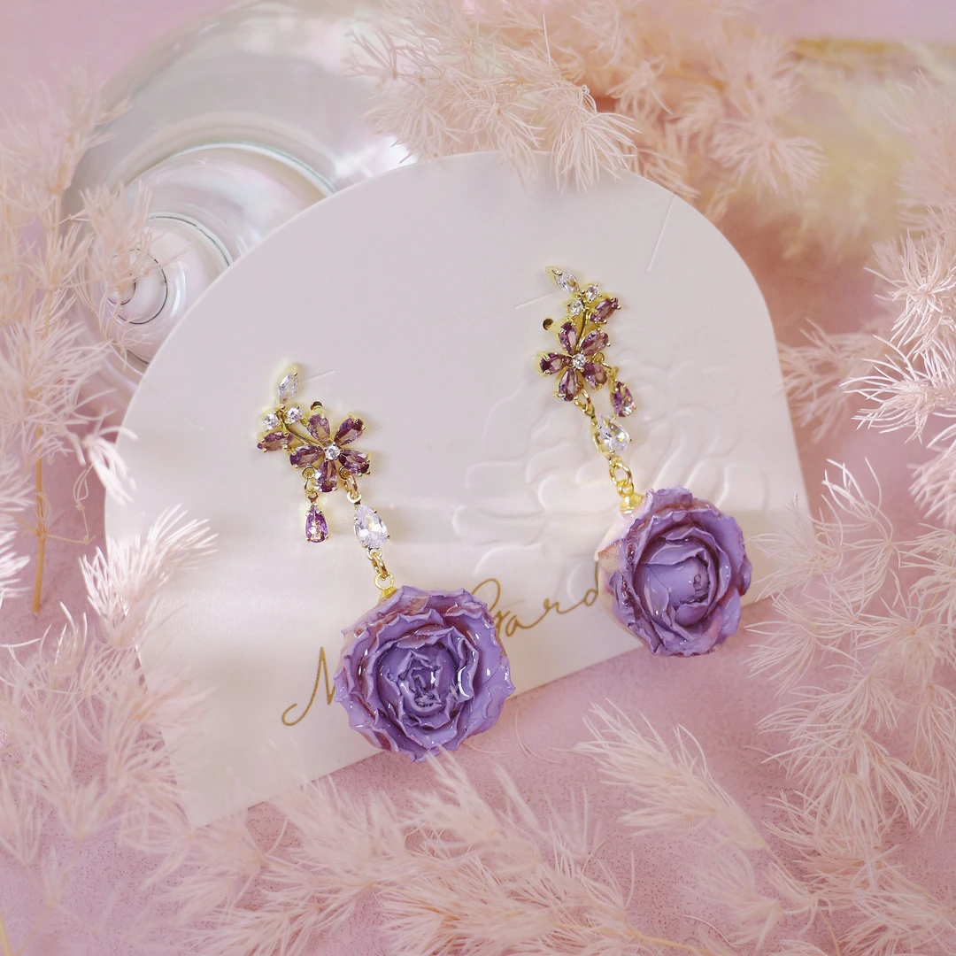 铜合金耳饰 新中式玫瑰花耳饰手工真花穿搭约会必备耳环