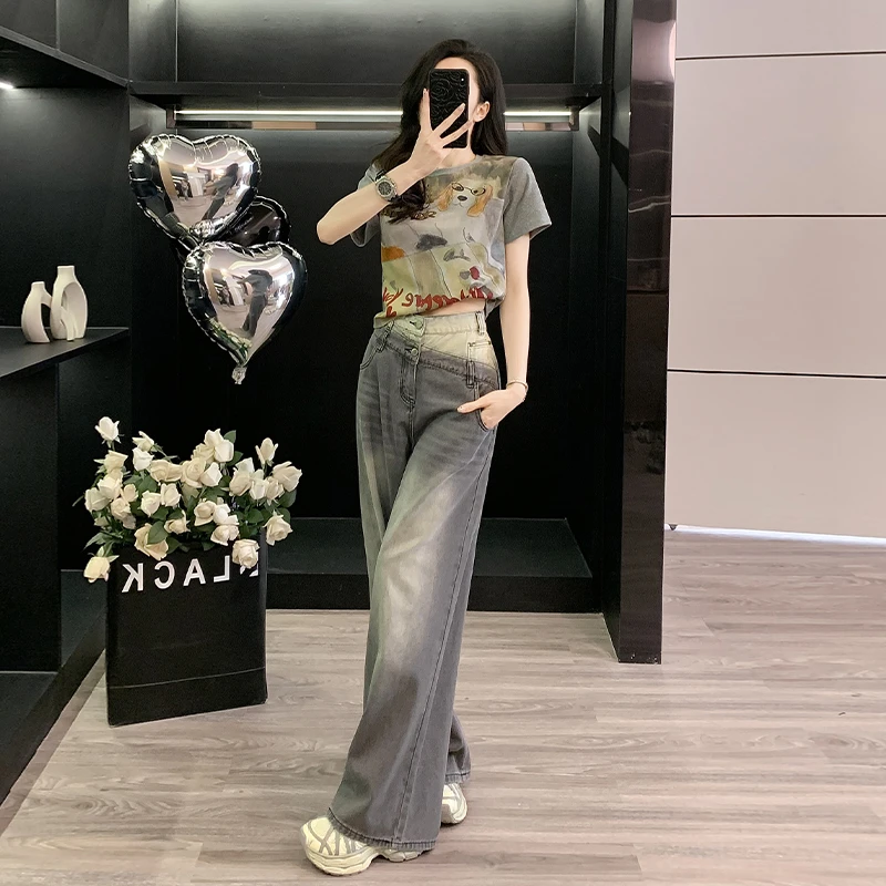 烟灰色宽松牛仔裤女复古短袖T恤2025春夏搭配高腰直筒裤两件套