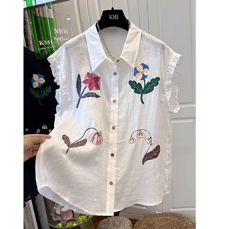 胖妹妹大码独特刺绣花轻薄雪纺木耳边小飞袖衬衫女夏显瘦无袖上衣