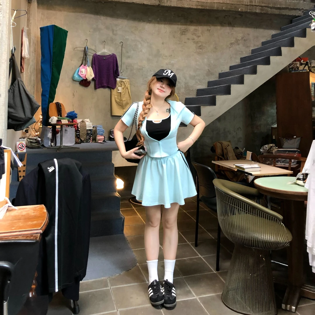 安妮不火【高甜汽泡雨】夏季运动休闲风遮肚显瘦针织套装A251B0099