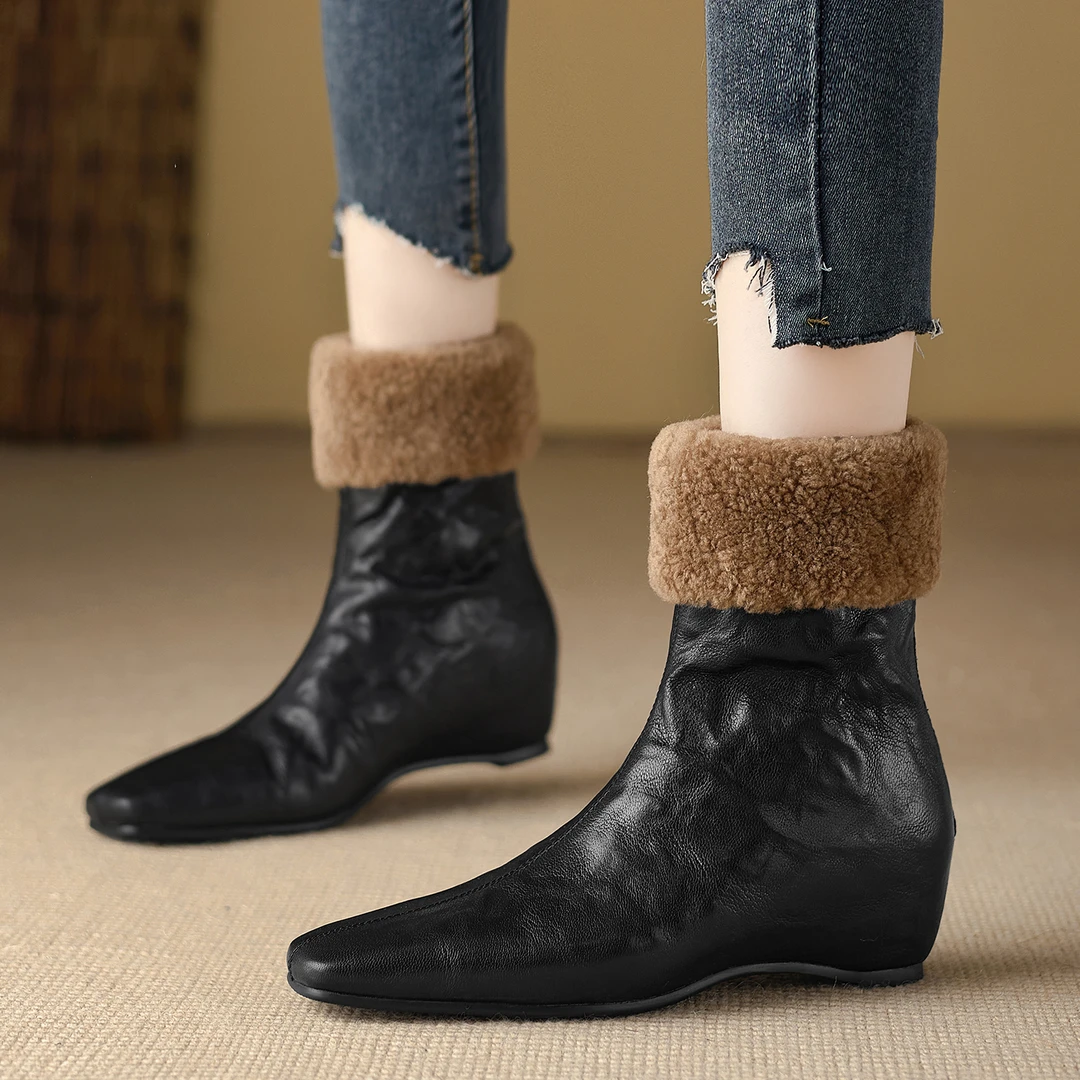 不累脚手工女鞋4.5cm~内增高坡跟短靴冬季加绒加厚保暖雪地靴女靴