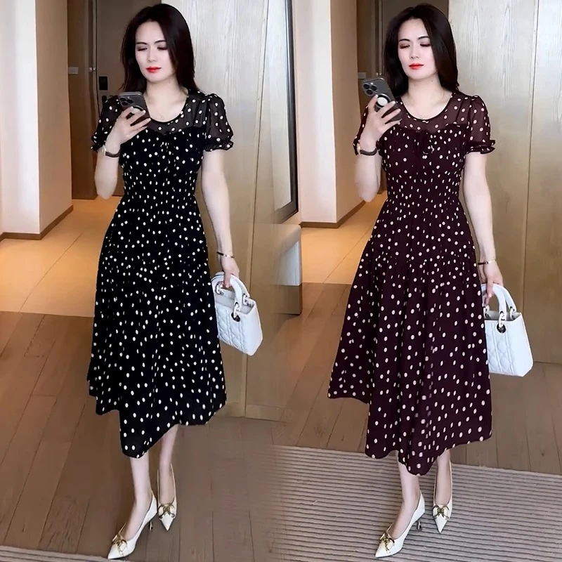 时尚短袖波点连衣裙女2025夏季新洋气收腰显瘦中长款减龄A字裙子