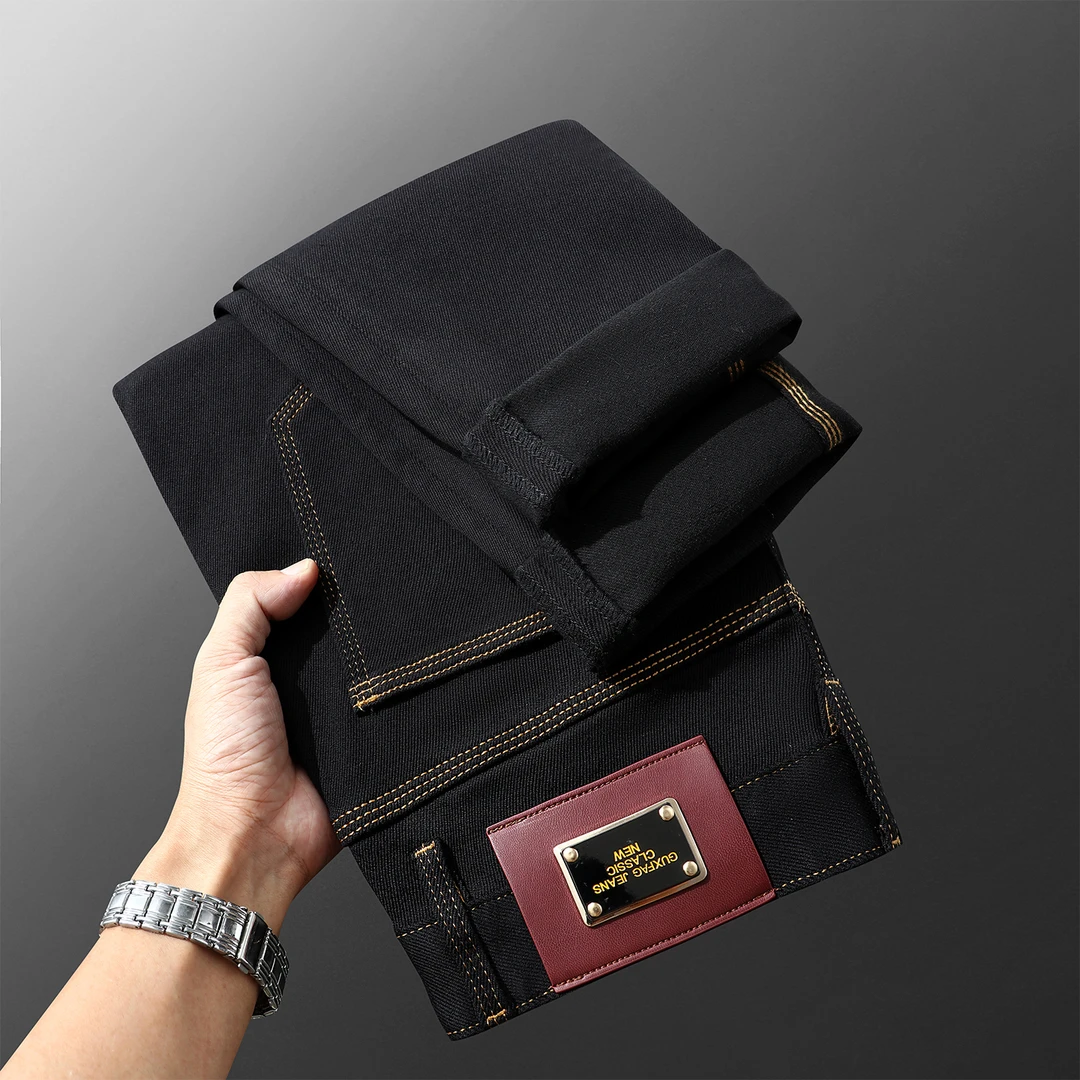 冬季高级感三本针纯黑色潮流潮酷欧版厚款牛仔裤男修身小直筒裤子