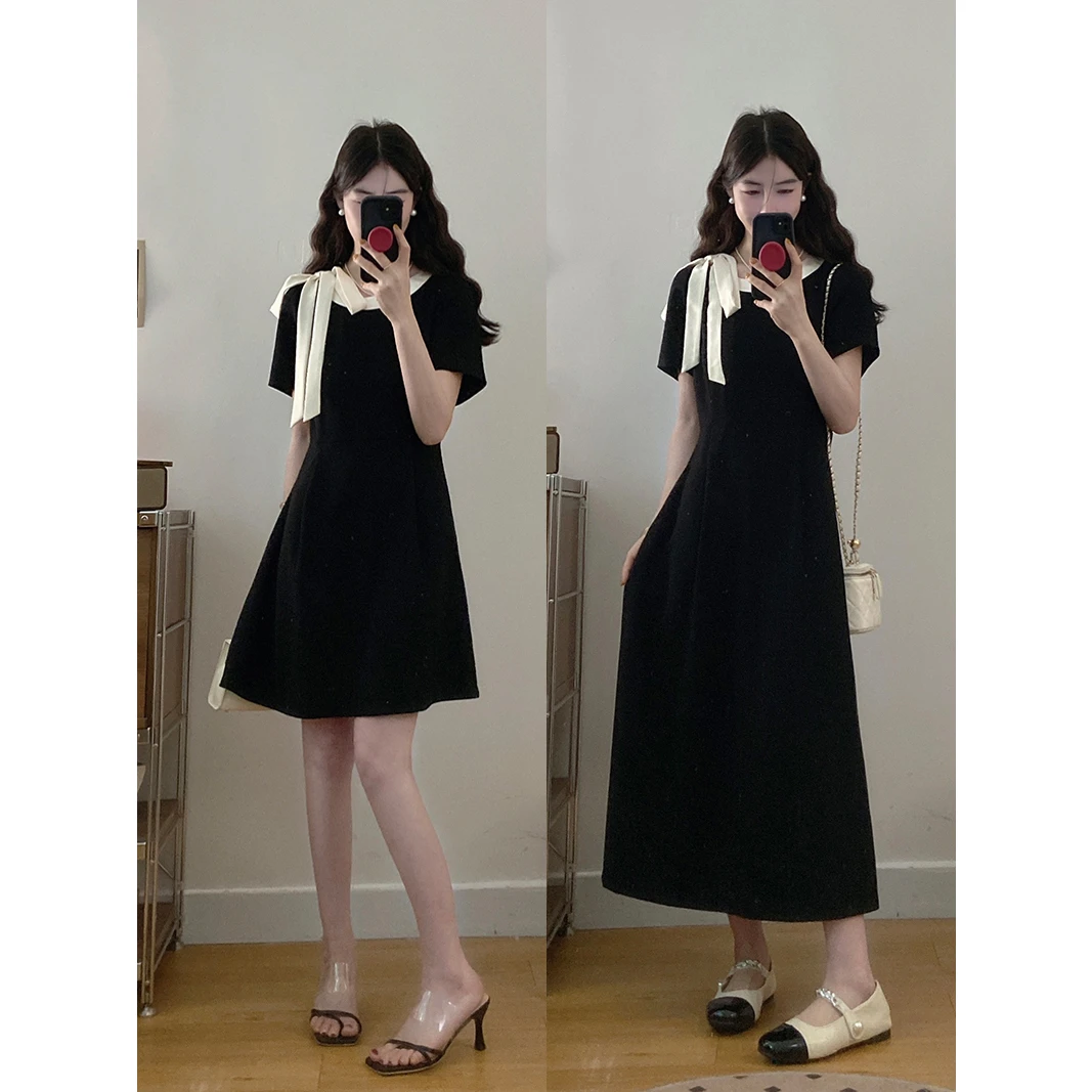 法式系带高级感黑色正肩连衣裙女2025夏季新款大码胖mm赫本风裙子