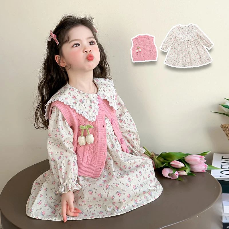 女童春装连衣裙2025新款儿童马甲裙子两件套宝宝春秋款碎花公主裙