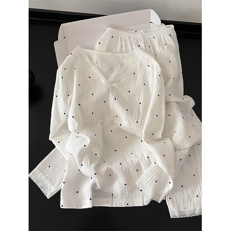 日系休闲甜美V领波点睡衣女秋季新款长袖长裤可外穿家居服两件套