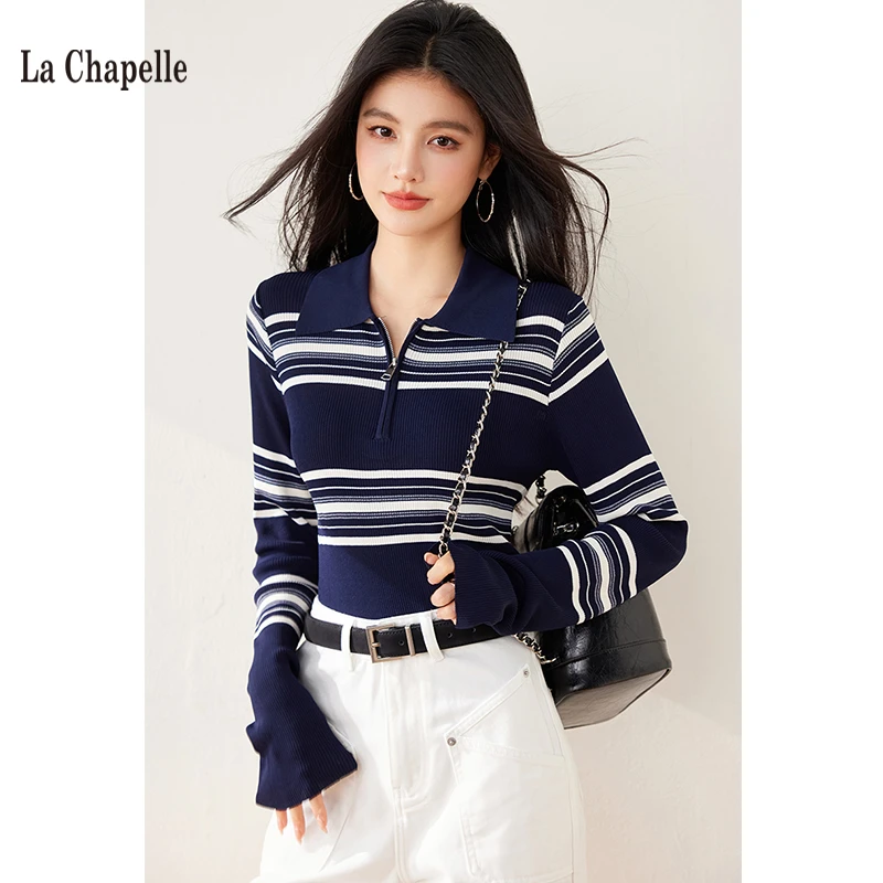 拉夏贝尔polo领条纹针织衫女2025春季修身显瘦休闲撞色打底上衣