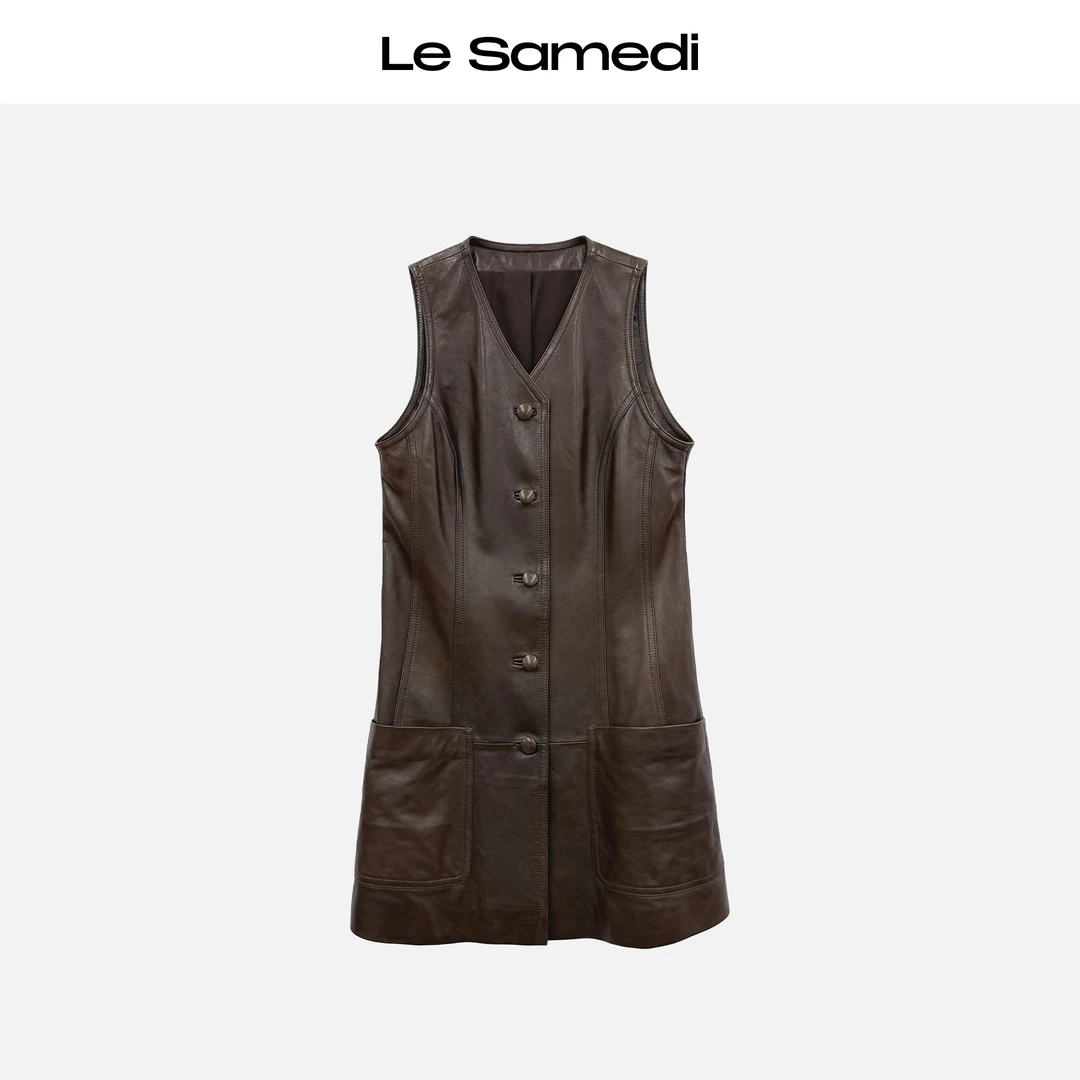 Le Samedi【90’S回廊】英国油蜡小羊皮 中古香风V领马甲连衣裙