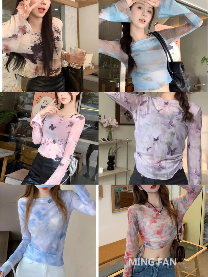 扎染晕染网纱衣长袖t恤女镂空罩衫薄纱上衣