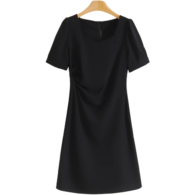 F328-【惠】设计感褶皱方领显瘦纯色连衣裙#QQB56L086