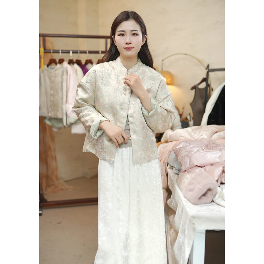 【虞缎】冬季加棉加厚宋锦缎面新中式国风立领毛毛气质秋冬外套女