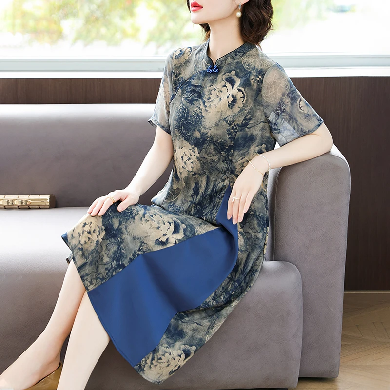 拉夏贝尔母亲节妈妈夏装改良旗袍连衣裙中老年女装复古中国风裙子