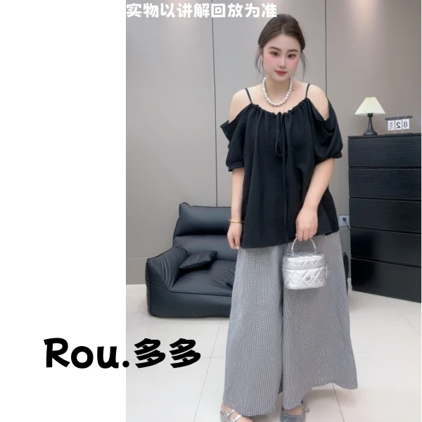 「Rou.多多」夏季新款韩系气质漏肩上衣格子阔腿裤显瘦宽松减龄百搭