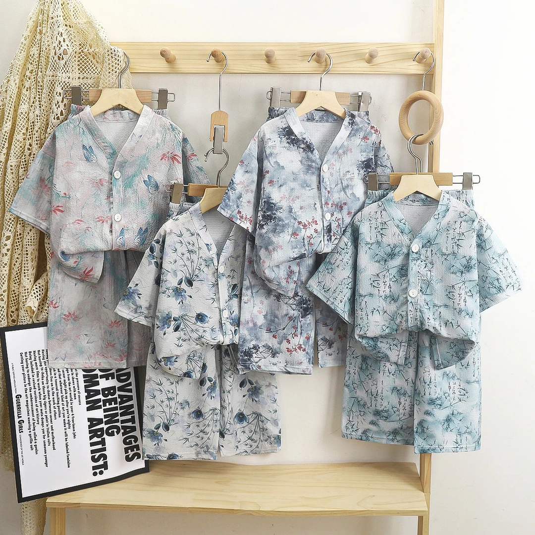 国风儿童家居服套装卡通开衫短袖童装宝宝家居服套装