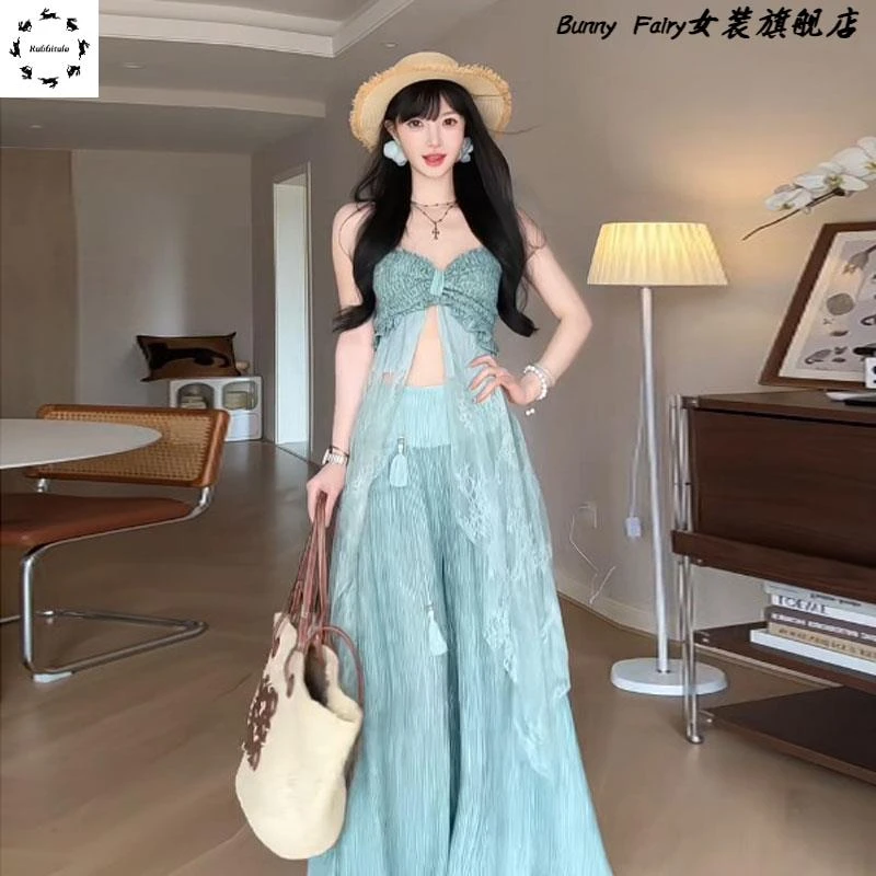 海边度假风吊带上衣阔腿裤两件套今年流行的漂亮套装2025夏季新款