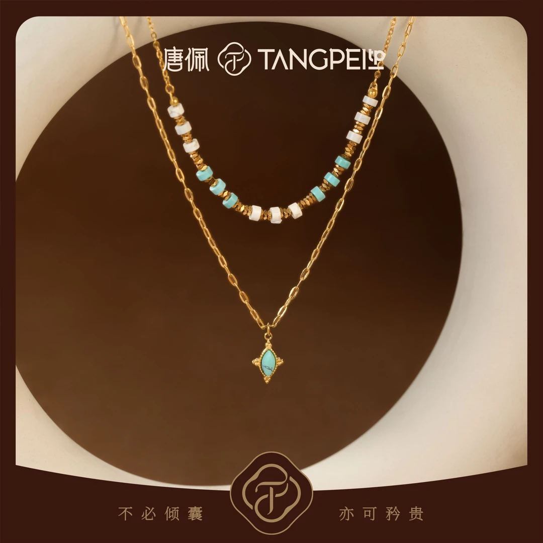 不锈钢树脂项链 设计感双层叠戴彩色串珠菱形吊坠项链时尚饰品