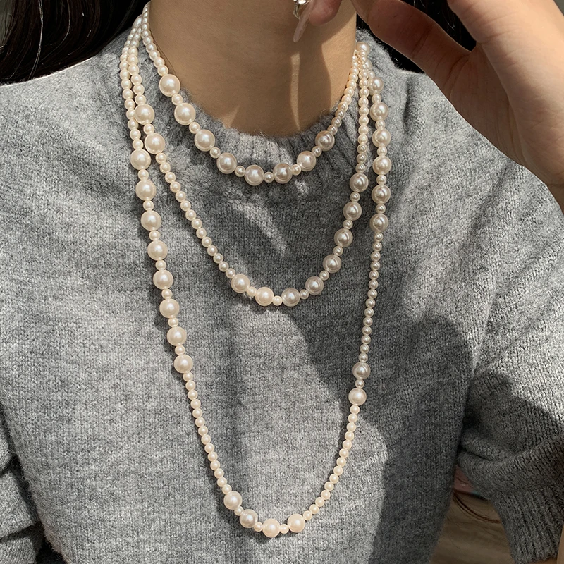 铜合金仿珍珠项链 超长复古白珠珠项链毛衣链高级感多层叠戴颈链