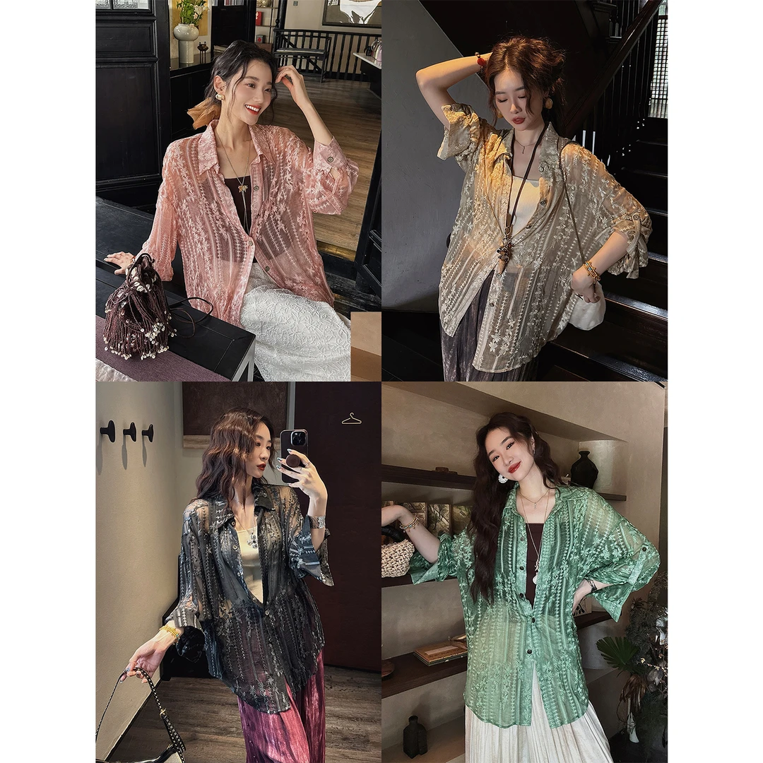 三吉黑花【花有灵】气质女上衣100真丝顺纡炒色绣花衬衫2025新款