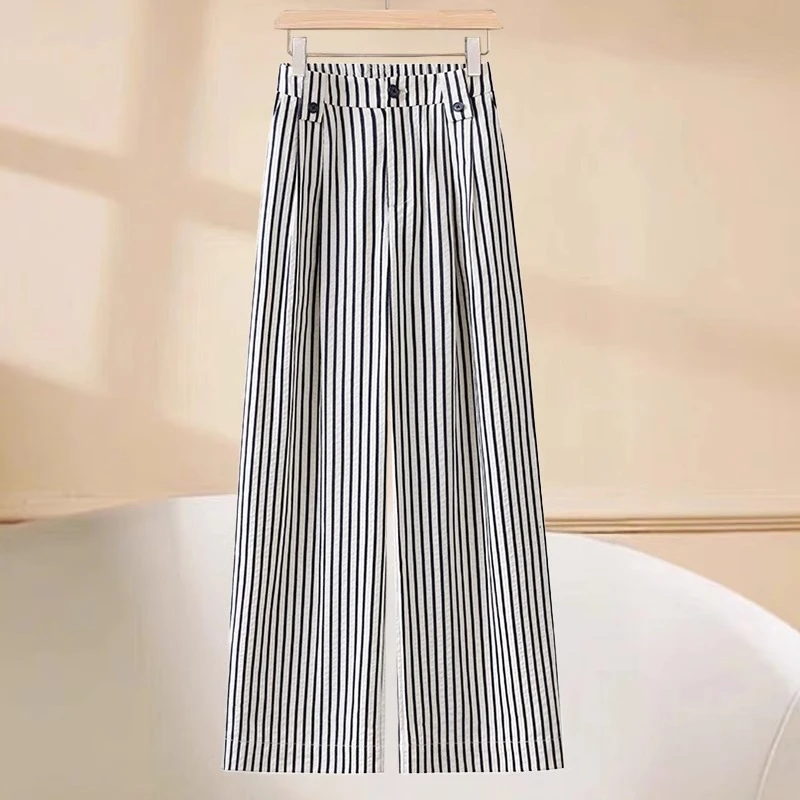 竖条纹窄版阔腿裤女2025春夏季新款高腰宽松薄款垂感直筒休闲裤子