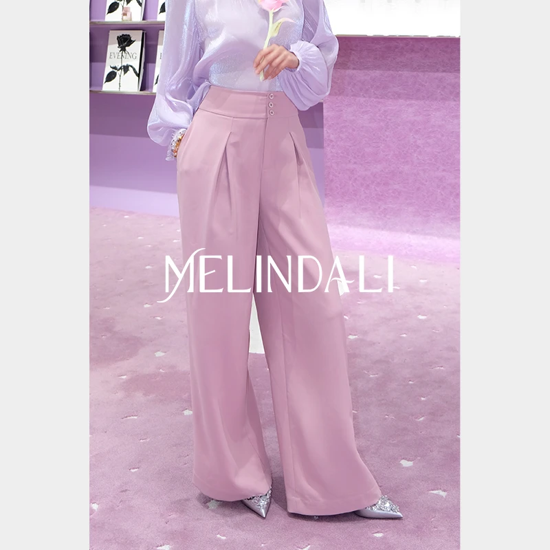 Melinda Li【挺括飘逸】职场通勤风经典高腰直筒捏褶西裤时髦长裤