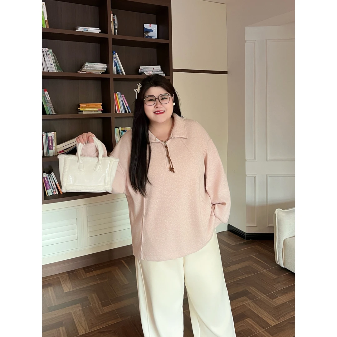 花契“柔雾芒果”大码女装冬季百搭200斤胖mm立领加绒卫衣30004-X