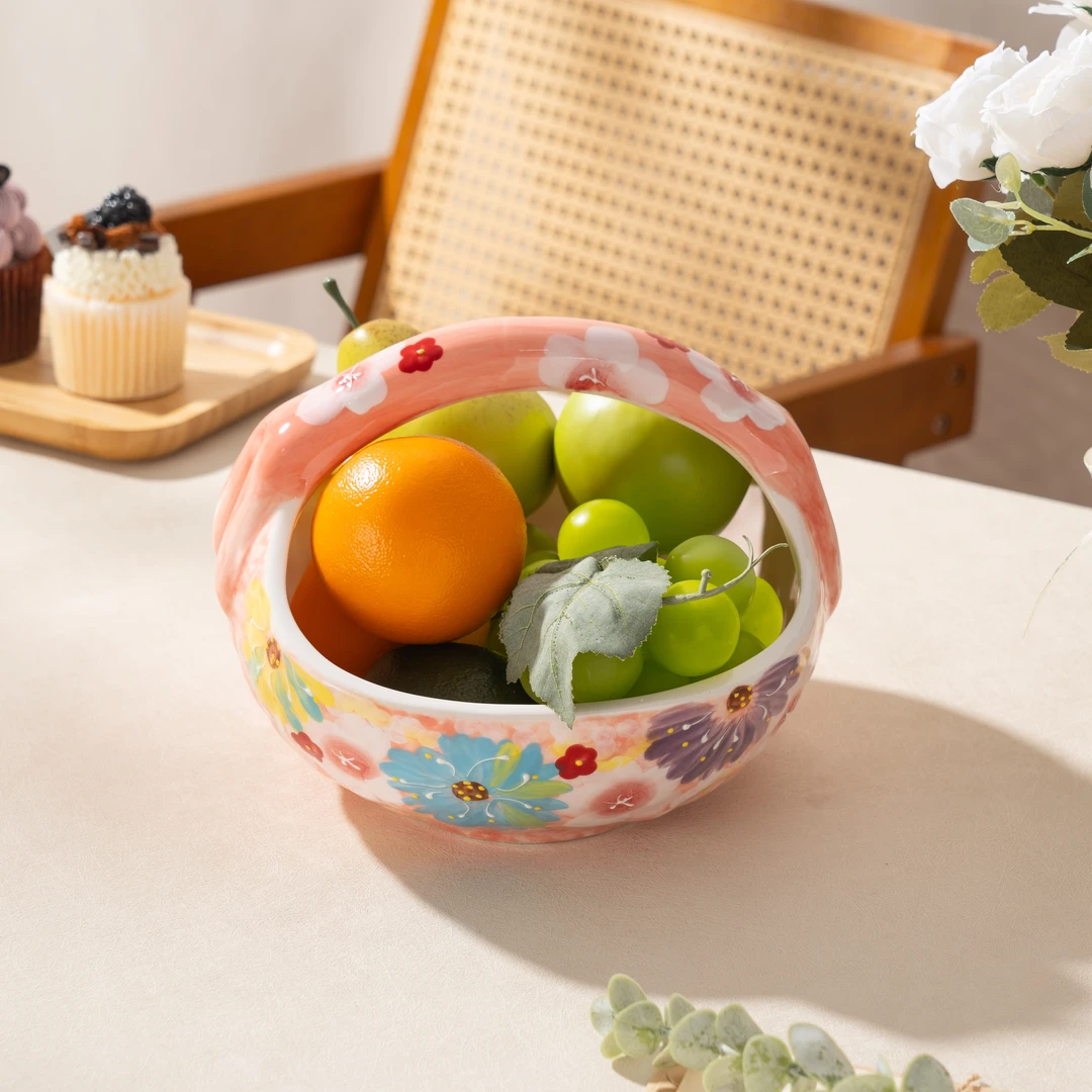 手绘釉下彩濑户烧粉色月季陶瓷大提篮水果提篮