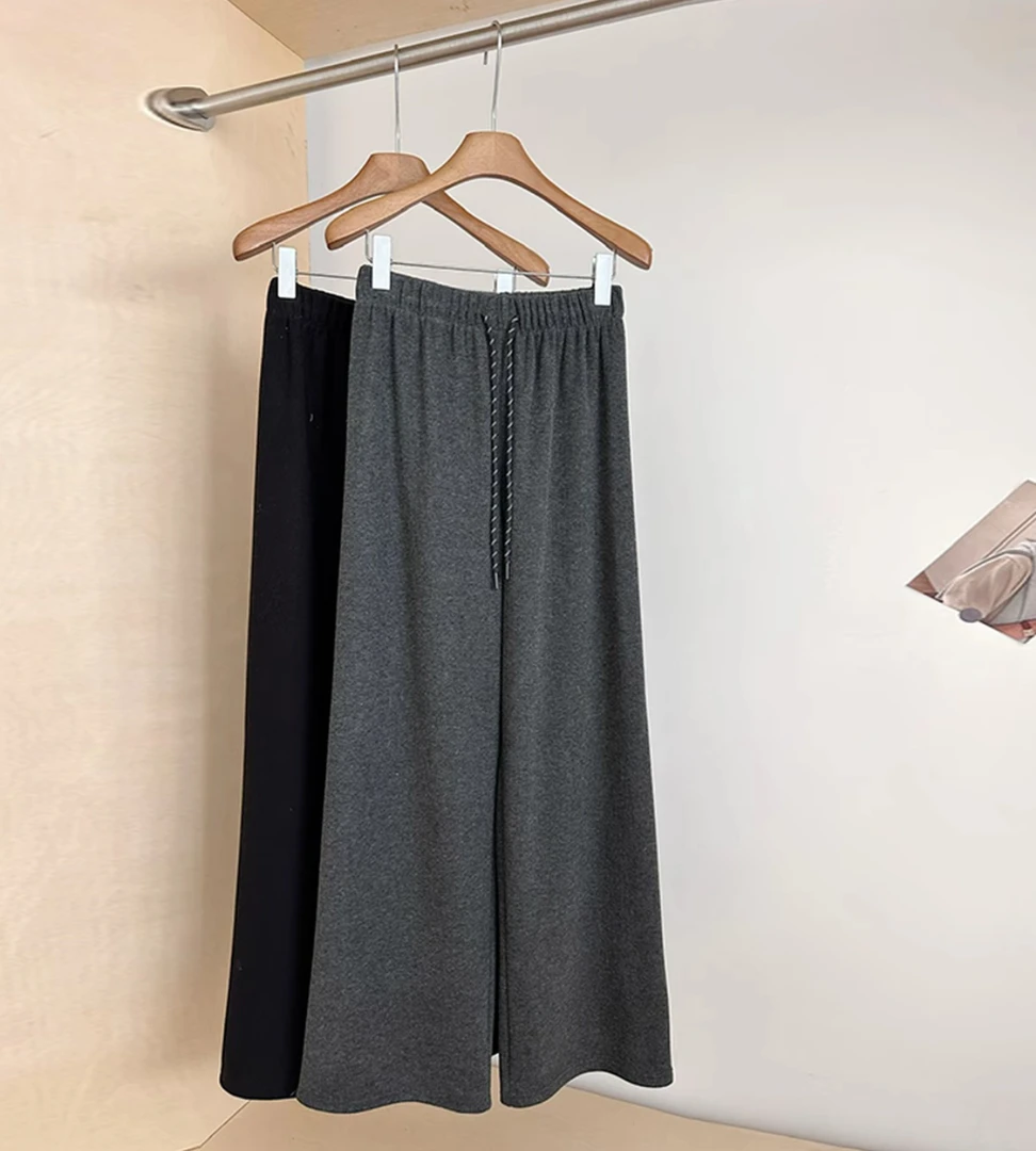 复古抽绳糯米绒磨毛阔腿裤女秋冬口袋款松弛感垂感拖地直筒休闲裤