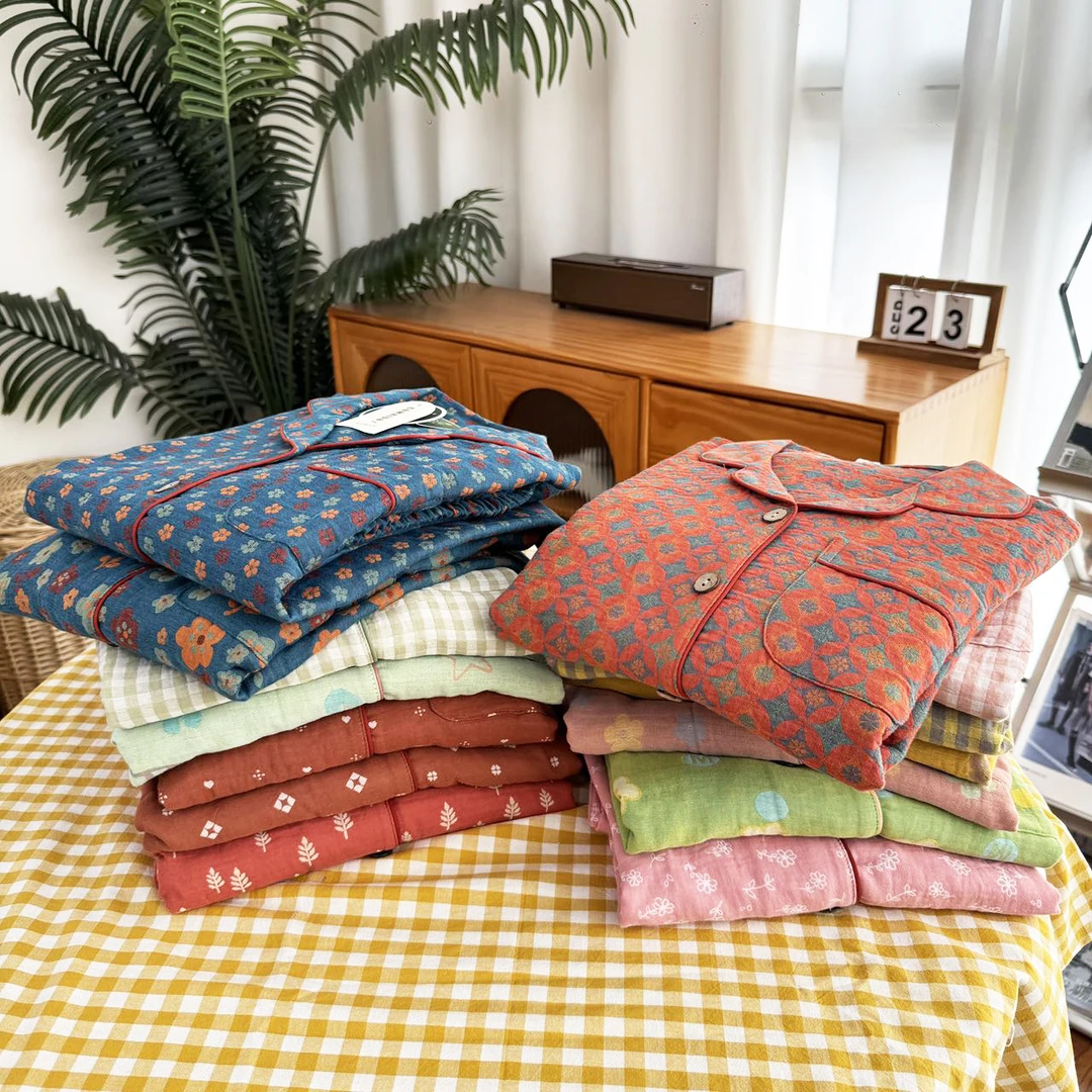 【套装】纯棉双层大提花女士家居服宽松套装长袖长裤起居服休闲薄款