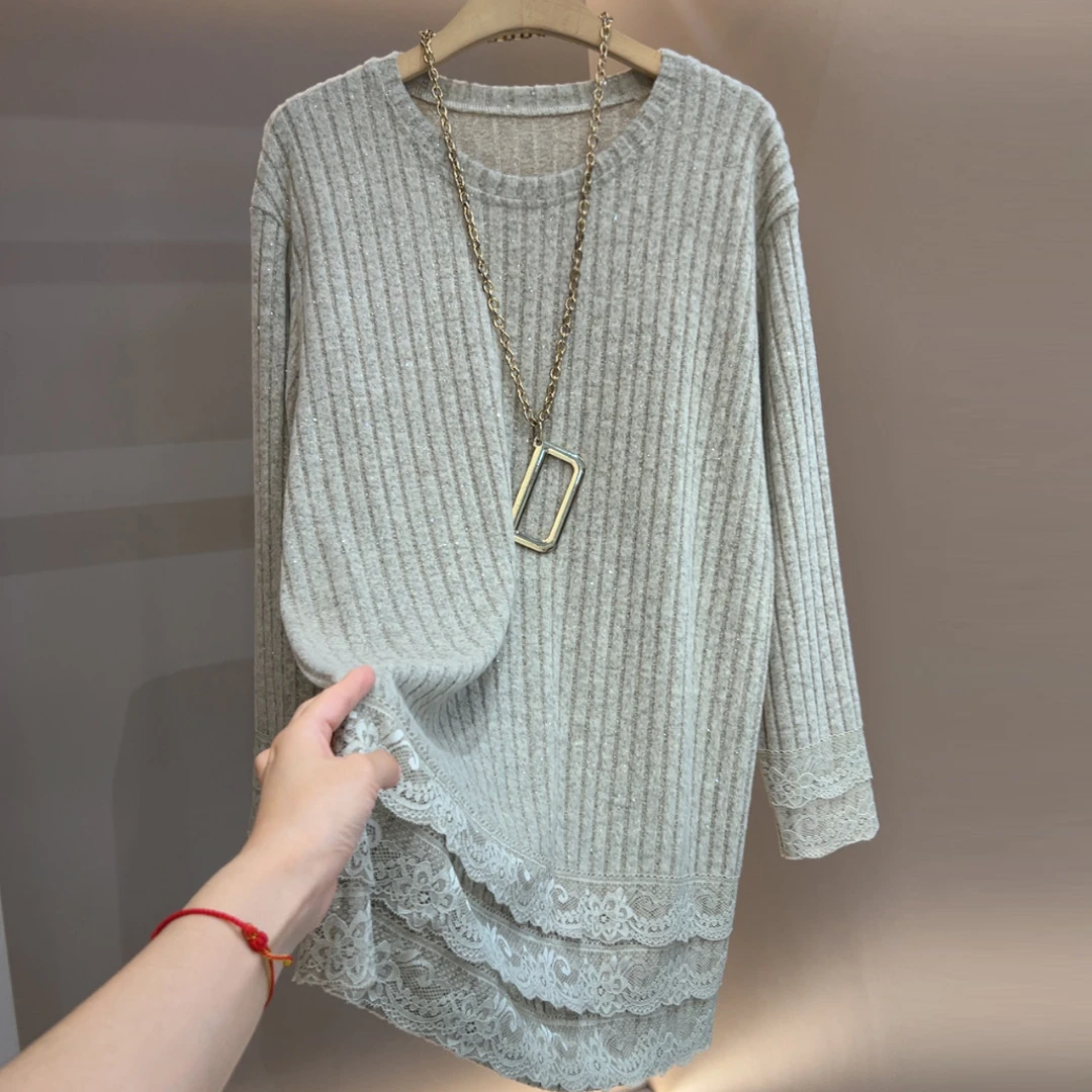 慵懒风百搭拼接长袖T恤打底衫秋冬常规中长款女士简约圆领