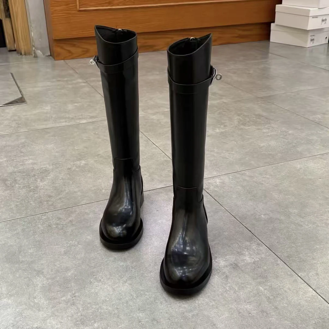 coco-803-5秋季新款爱马扣加棉款后拉链高筒骑士靴女长筒靴