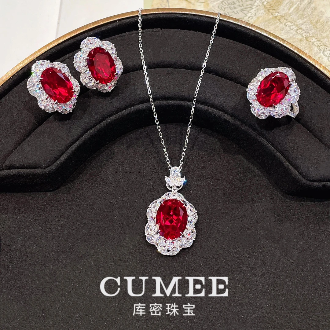 Cumee 吊坠925银 高贵优雅感 花瓣款大克拉鸽血红色培育合成红宝