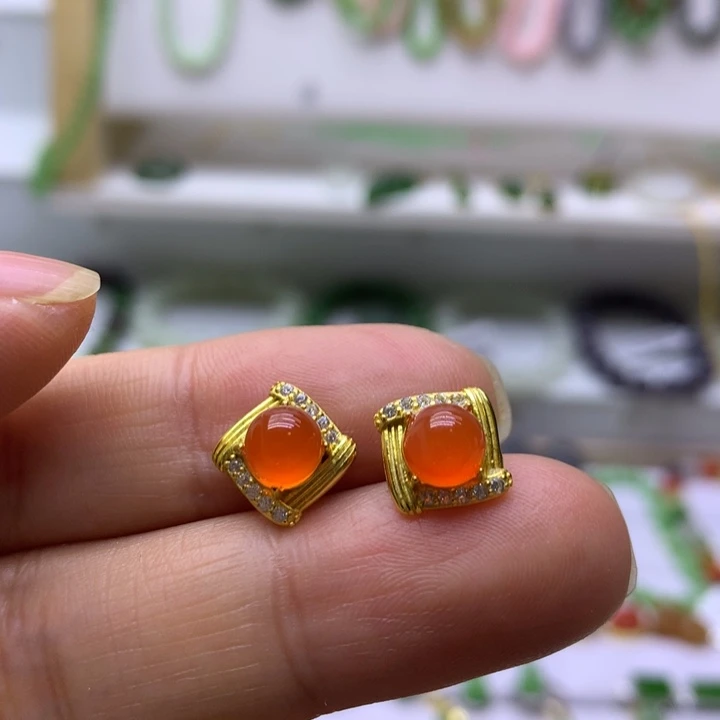 南红玛瑙银S925镶嵌耳饰