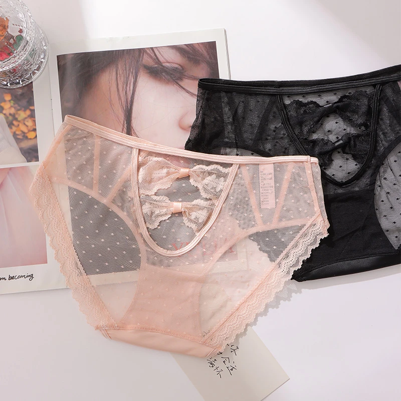 日系甜美蕾丝内裤女性感纯欲风镂空蝴蝶结低腰薄款棉裆三角裤