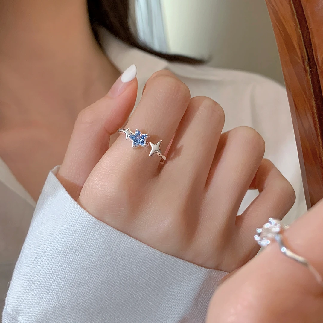 925银戒指 S925蓝色星星戒指时尚个性可调节开口戒小众气质指环女