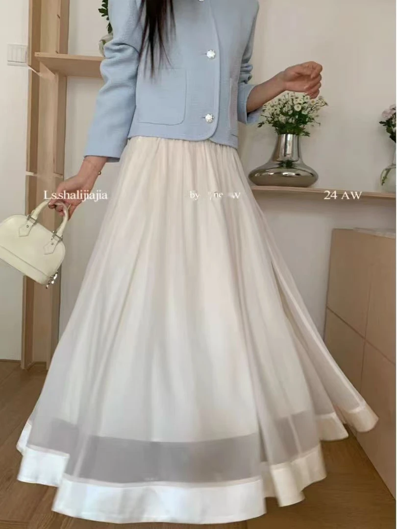 8836【不退换】纱裙半身裙八分九分夏款松紧腰温柔淑女米白气质