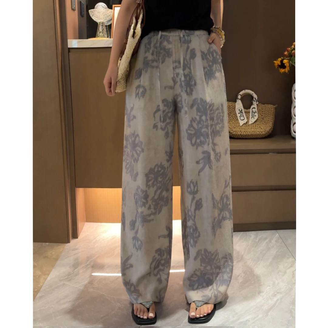 玳妮【彼岸花】夏季 松紧高腰提花阔腿裤 舒适薄款窄版显瘦休闲长裤