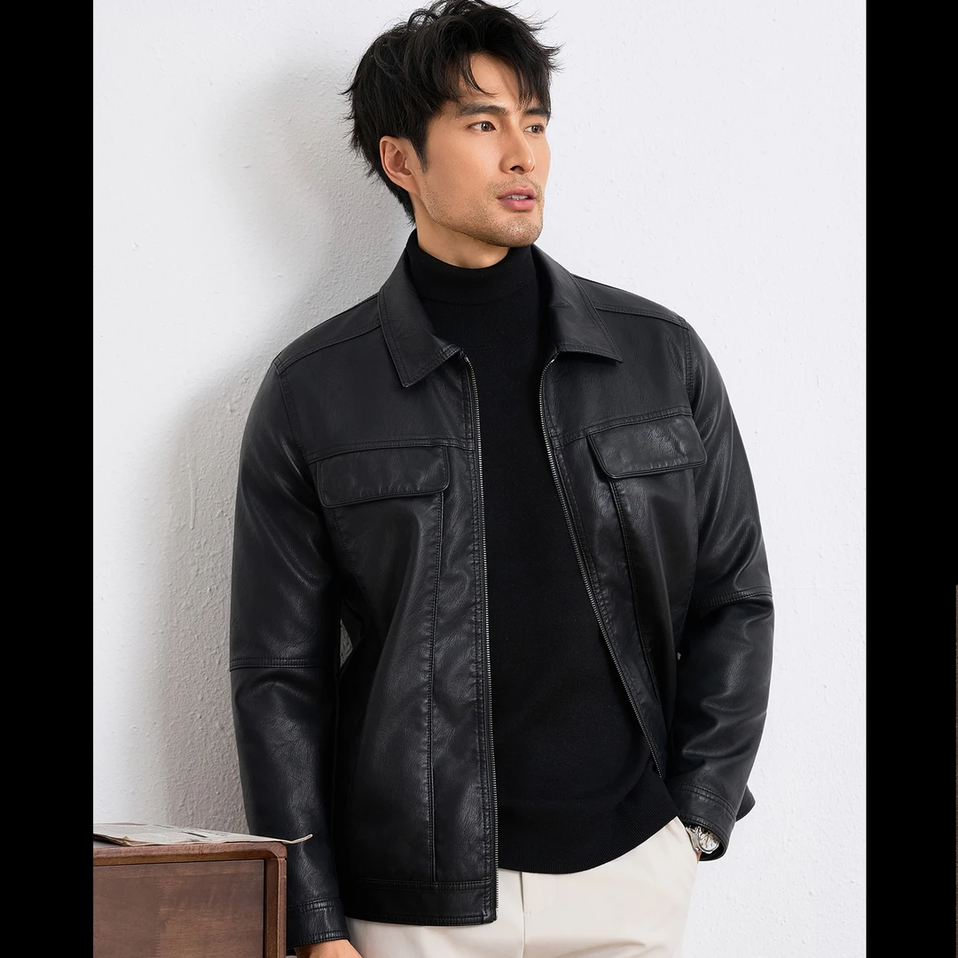 纳特尤尼男士皮衣秋冬2025中青年修身PU仿皮夹克简约翻领机车外套
