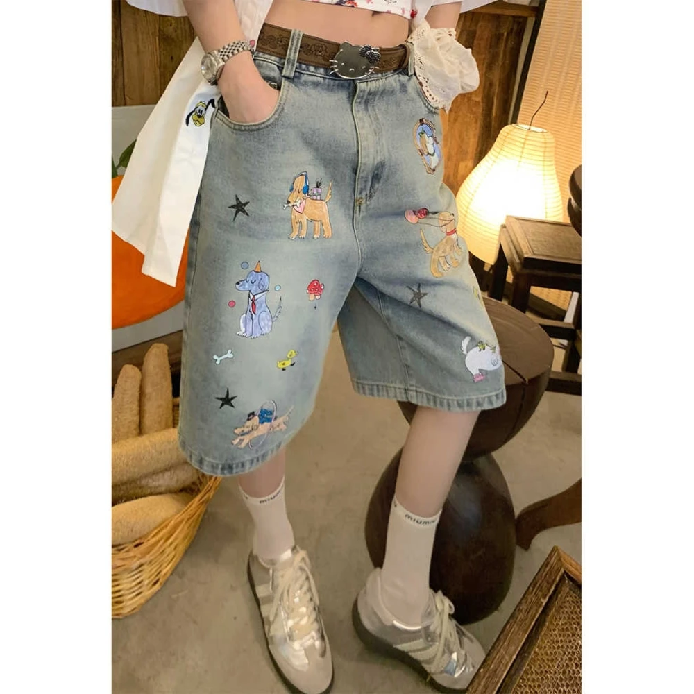 美式复古设计感狗狗贴纸印花牛仔裤女2025夏季时尚休闲五分阔腿裤