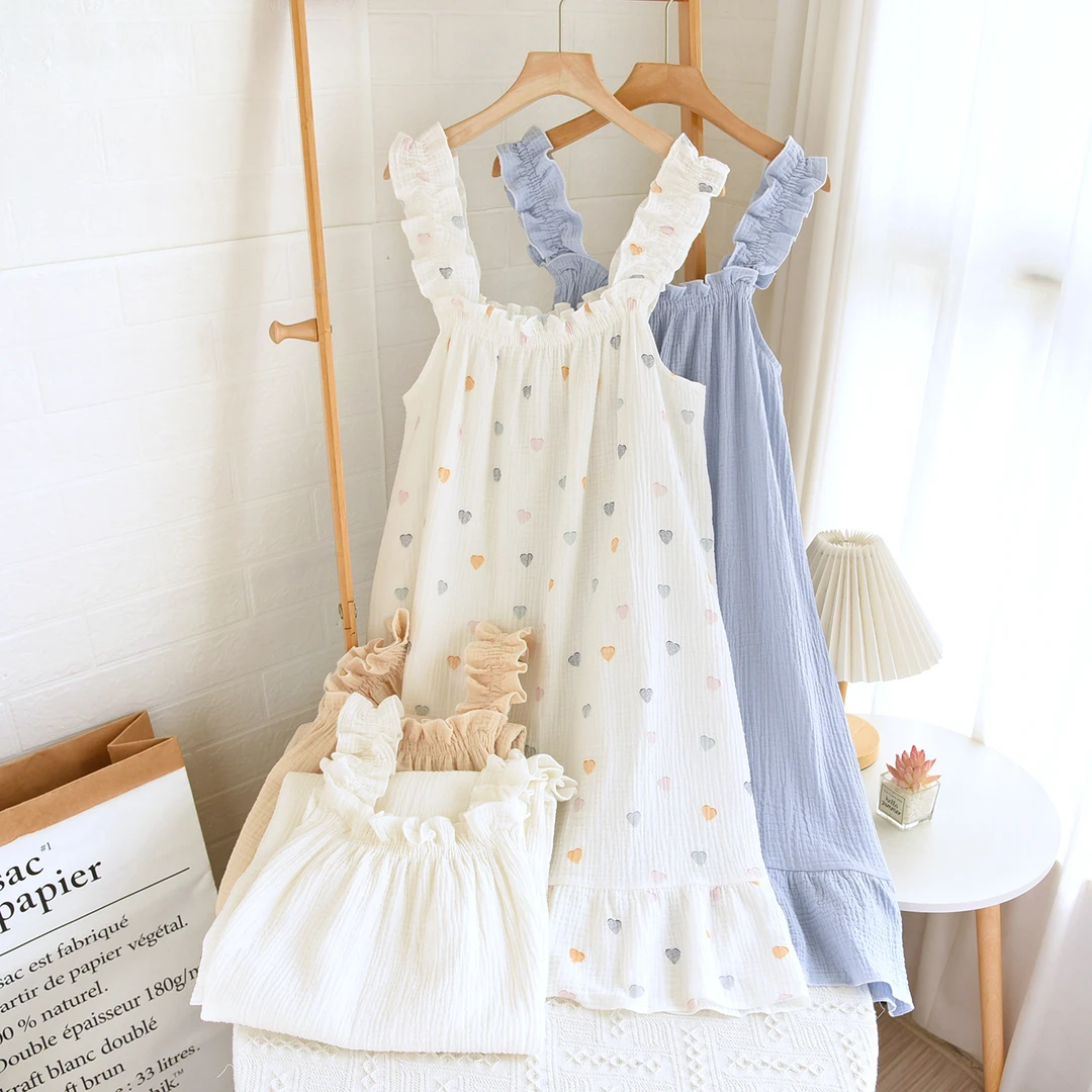 睡裙女士夏季棉纱纯棉薄款吊带睡衣宽松中长款甜美可爱长裙家居服