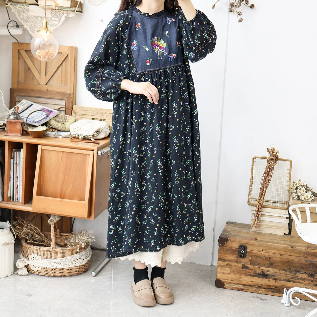 美村春夏2025新款日系原创女装重工刺绣宽松减龄拼接碎花连衣裙