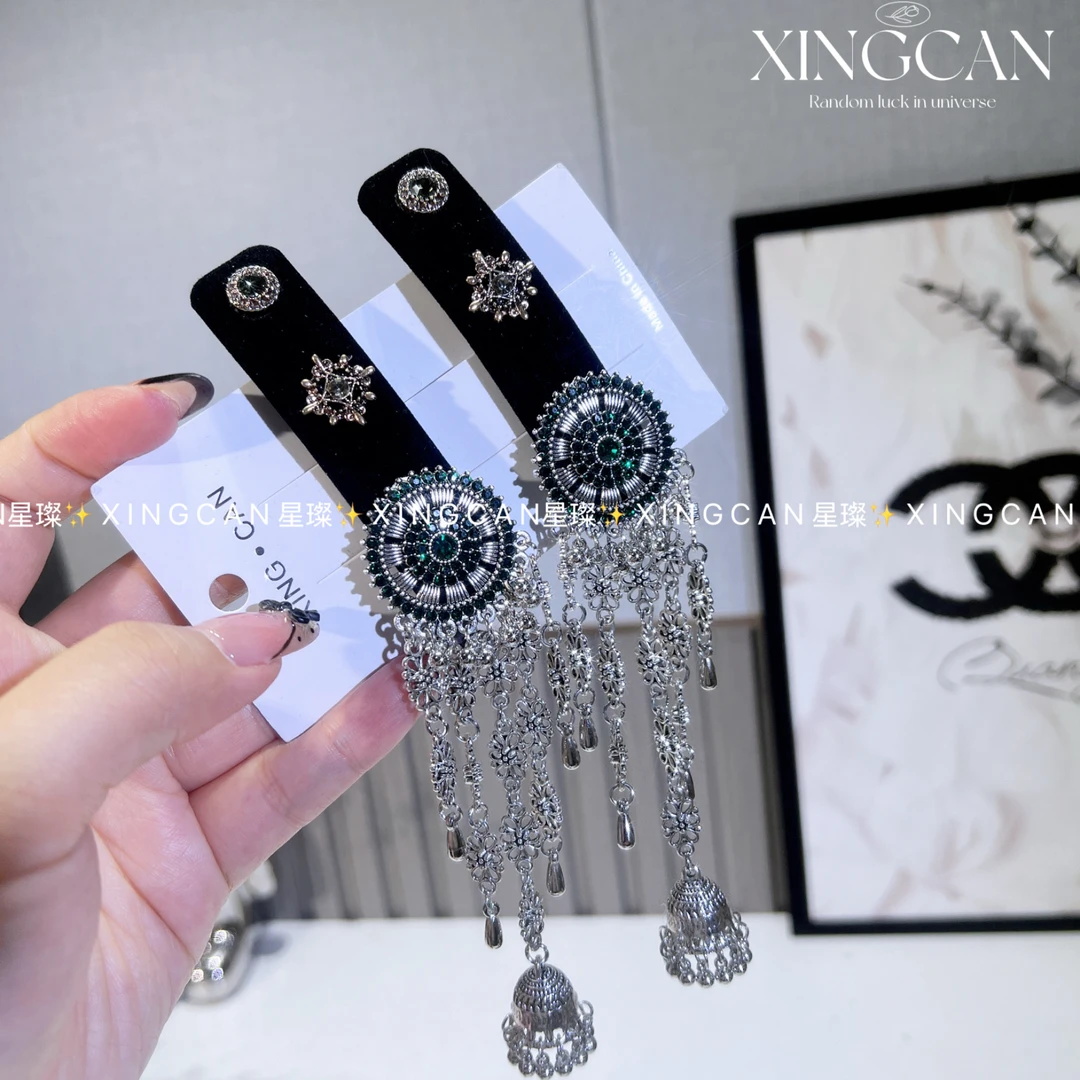 女花朵镶钻铃铛流苏发夹复古民族风侧边刘海夹气质发卡头饰