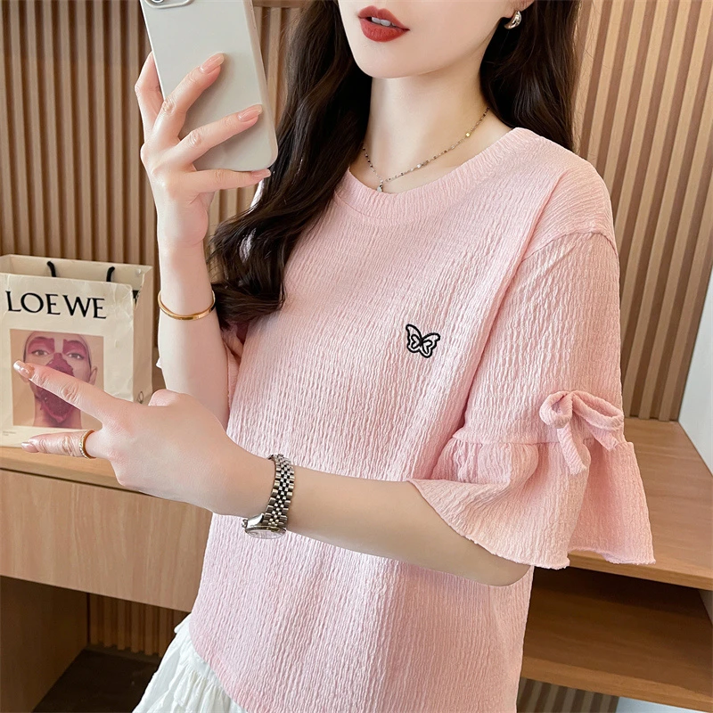 甜美风荷叶袖短袖t恤女夏季新款韩版宽松小众设计减龄肌理感上衣