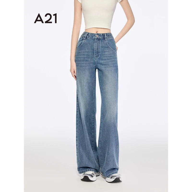 A21 女装高腰显瘦时尚浅中蓝阔腿舒适垂感直筒牛仔裤F452226056-1