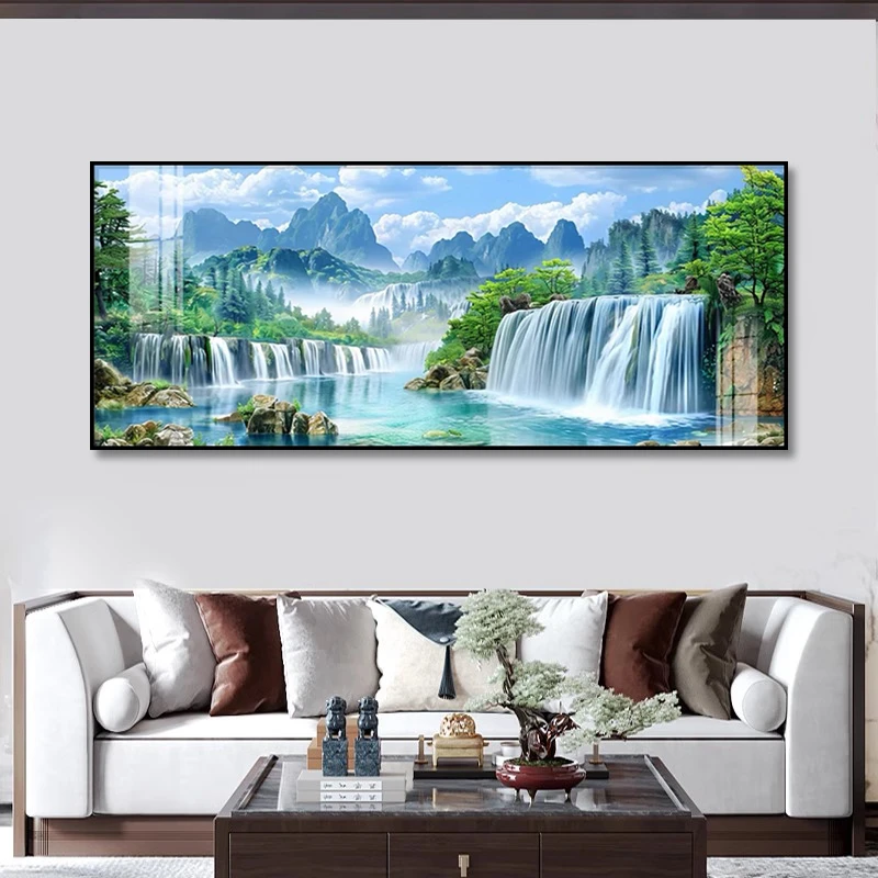 客厅钻石贴画满钻风景流水生财自己贴钻十字绣水钻大气横版钻石绣